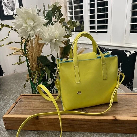 PIQUADRO” YELLOW SOFT ITALIAN LEATHER DESIGNER SATCHEL - Picture 2 of 12